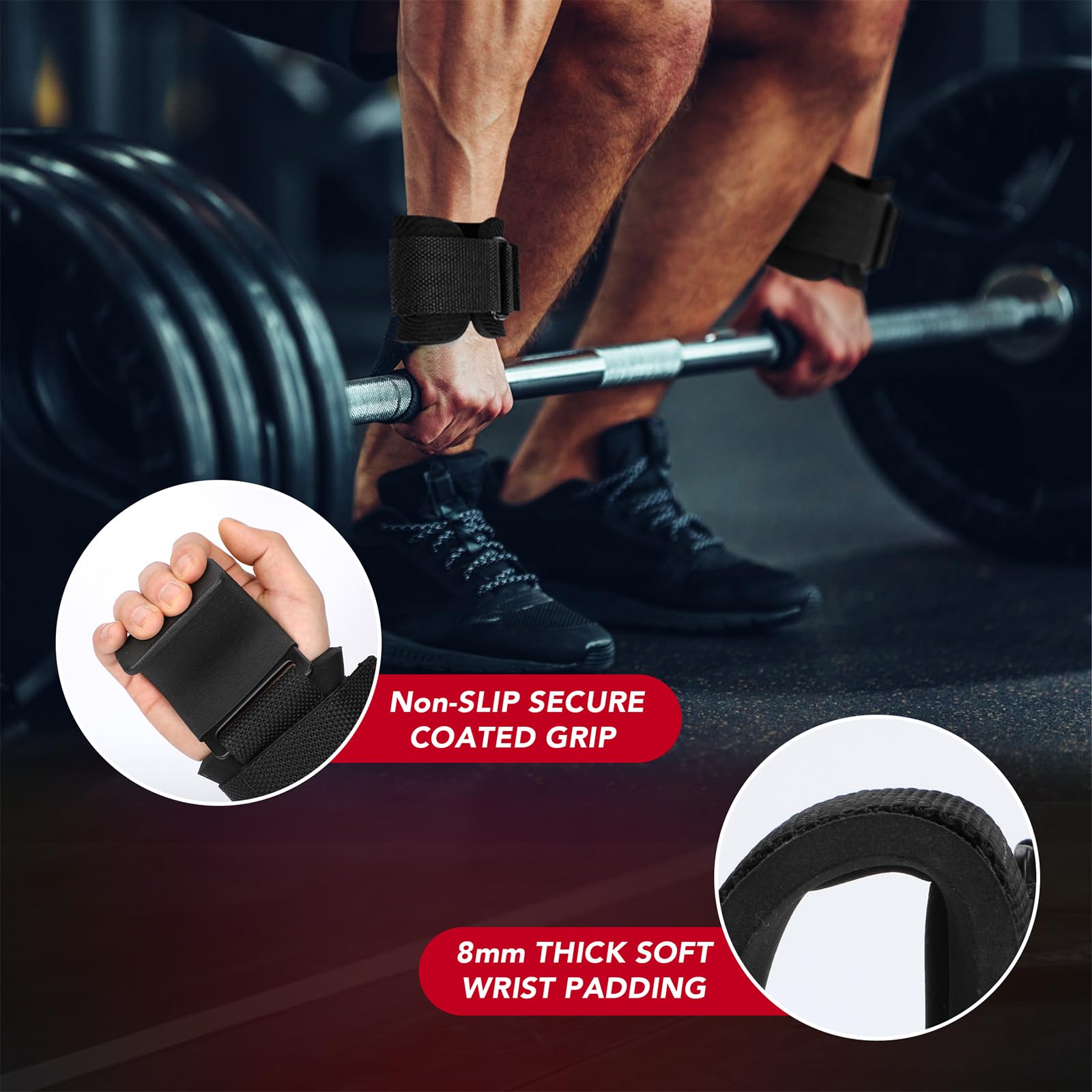 Weight Lifting Hooks With Wrist Straps – Heavy Duty Gym Hooks For Deadlifts, Pull Ups, Shrugs & Powerlifting – Non-Slip Grip Strength Support For Men & Women