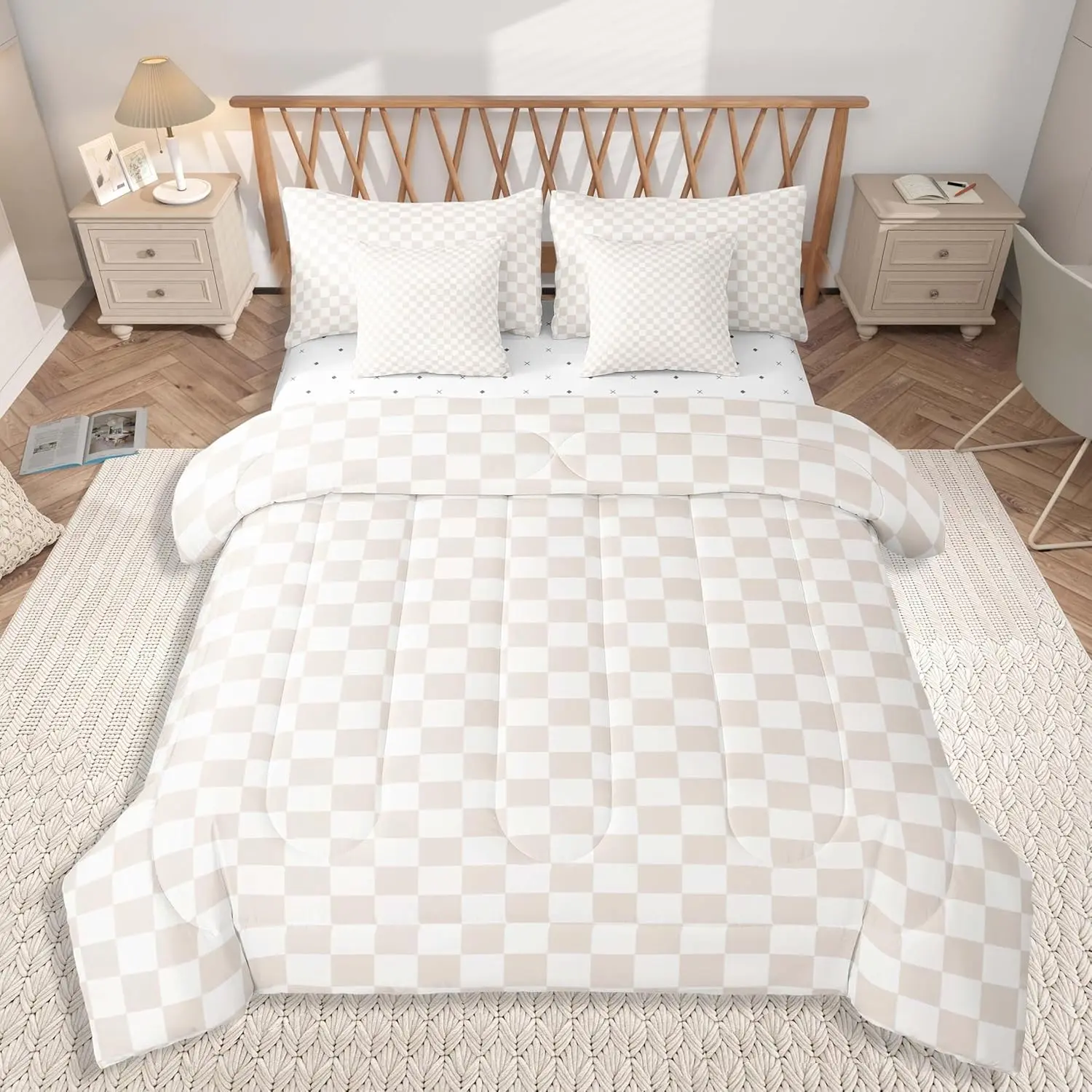Beige Bedding Set 7Pcs Plaid Checkered Comforter Set with Sheets Classic Grid Buffalo Check Bed in a Bag Soft Lightweight,Microfiber