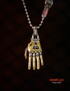 KONFLUX Mechanical Hand Pendant Movable Finger Robot Charm Steampunk Gothic Jewelry Unique Gift For Men Women Tech Wear