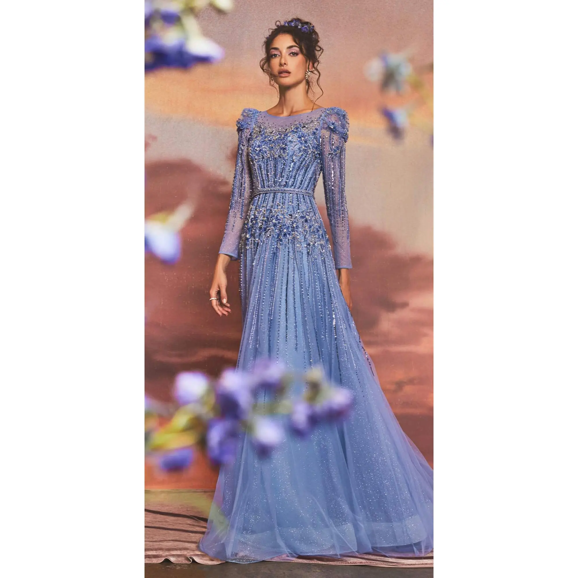 Women's Long-Sleeve Gorgeous Azurite Beaded A-Line Fairy Formal Prom Gown - Soft, Sheer, Floor-Length, Glitter, Lace, Zipper Closure Clothes (Style A1167)