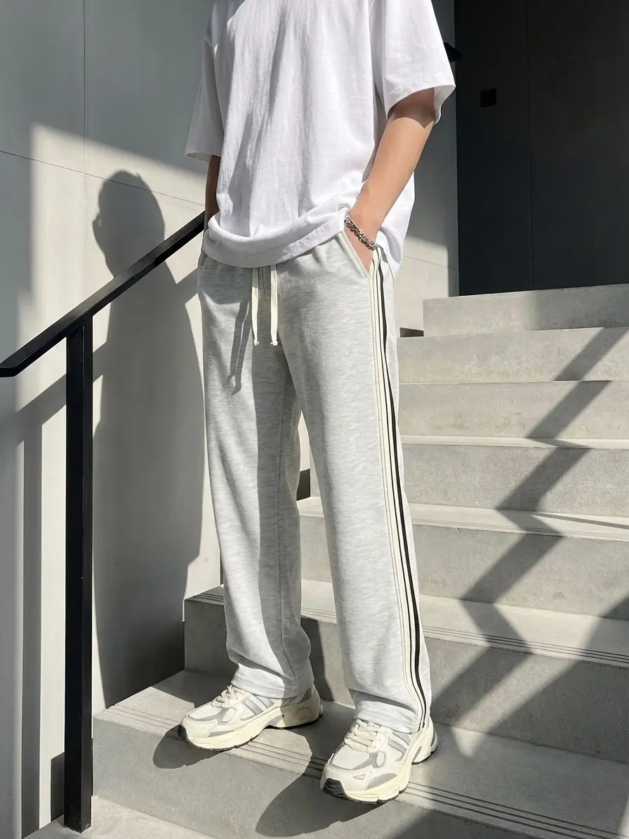 American high-street men’s sweatpants with white side stripes, straight cut, drapey fabric, casual athletic long pants