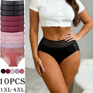 Women’s Pack of 10 Minimalist Aesthetic Basic Heart Lace Triangle Panties - Lady’s Mid-Waist Sexy Briefs, Cutout Design, Skin-Friendly, Breathable, Butt-Lifting, Striped Waistband, Scalloped Edges, Everyday Wear Hip Sheer