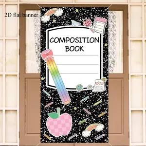 2D flat banner 1 piece Composition Notebook for Back to School Classroom Decor First Day of School Door Cover Welcome Banner for Back to School Composition Notebook Wall Door Decor Porch Sign for Classroom Poster Bulletin Board Flag Wall Decorations