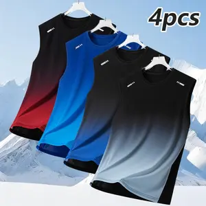 4-Pack men's spring and summer loose and ultra-thin fashion printing gradual change round neck vest, suitable for outdoor running, training, fitness and other sports scenes, mesh design, with gradual change color pattern