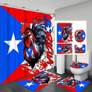 Puerto Rico pattern bathroom decor, 4-piece set, including shower curtain, toilet seat cover, rectangular bath mat, and U-shaped bath mat, bathroom accessories, Shower Curtain Sets