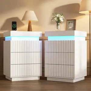 Set of 2 LED Nightstands with Charging Station, Fluted Bedside Tables with Sliding Top, 3 Drawers & Cable Management, Modern Night Stands for Bedroom, White
