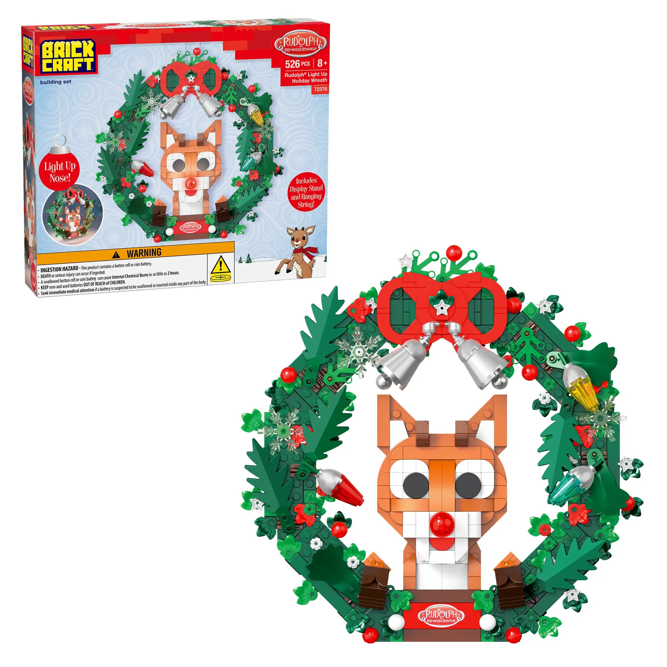 Brickcraft Rudolph Light Up Holiday Wreath Building Set, 526-Piece Collectible Christmas Decoration for Kids & Adults 8+