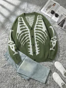 Men's Halloween Skull Skeleton Print Cardigan, Fitted Casual Streetwear, Soft and Comfortable, Unisex Fall Winter Fashion