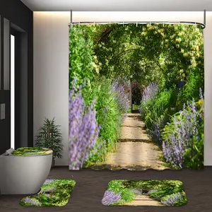 LVRLVR 4Pcs Garden Floral Path Print Nature Botanical Multi-Color Shower Curtain Set 70.8×70.8 Inch