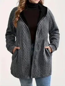 Plus Size Cable Knit Hooded Cardigan– Casual Zipper Front, Trendy Daily Outfit, Cozy Knit Jacket, Office Layering Coat, Y2K Aesthetic Clothes, Matching Jeans & Turtlenecks