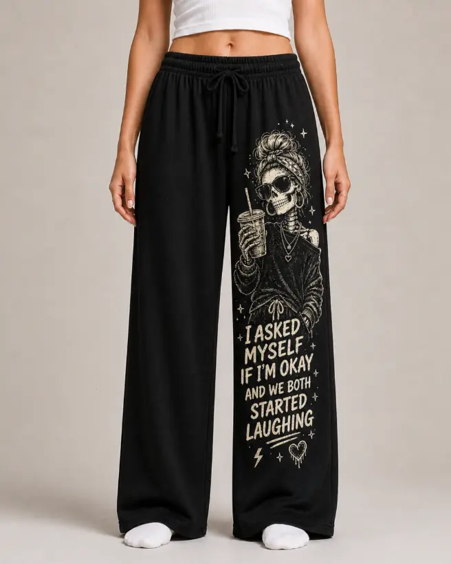 Skeleton Pajama Pants for Women, Funny Snarky I Asked Myself If I’m Okay Pajama Bottoms, Sarcastic Mental Health Lounge Pants, Black Graphic Sleep Pants, Comfy Wide Leg Pajamas Gift for Her
