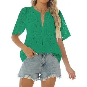 Women's Summer Eyelet Tops 2026 Dressy Casual V Neck Flutter Sleeve Hollow Out Lace Embroidered Blouses Shirts mms women