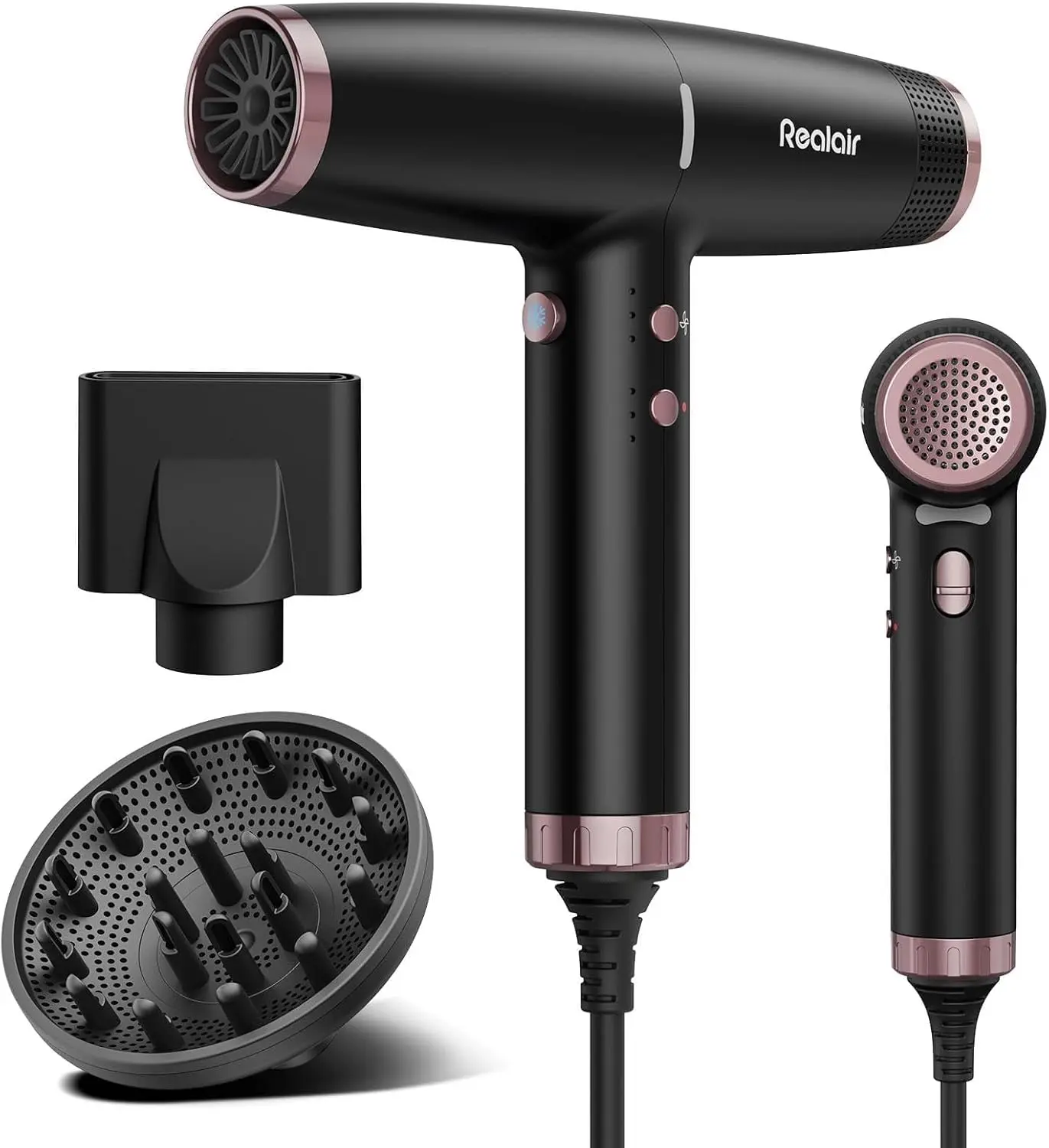 Realair Professional Ionic Hair Dryer with Diffuser • Negative Ion Blow Dryer • Suitable All Hair Types • Intelligent Heat Control & Rapid Drying Speeds • Lightweight Design • Low Noise Technology