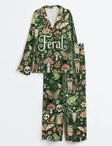 Feral Goblincore Cute Skeleton Moss & Raccoon Nature Lover Satin Pajama Set, Pajama Set Women’s Gifts For Her Feral Goblincore Meme Funny