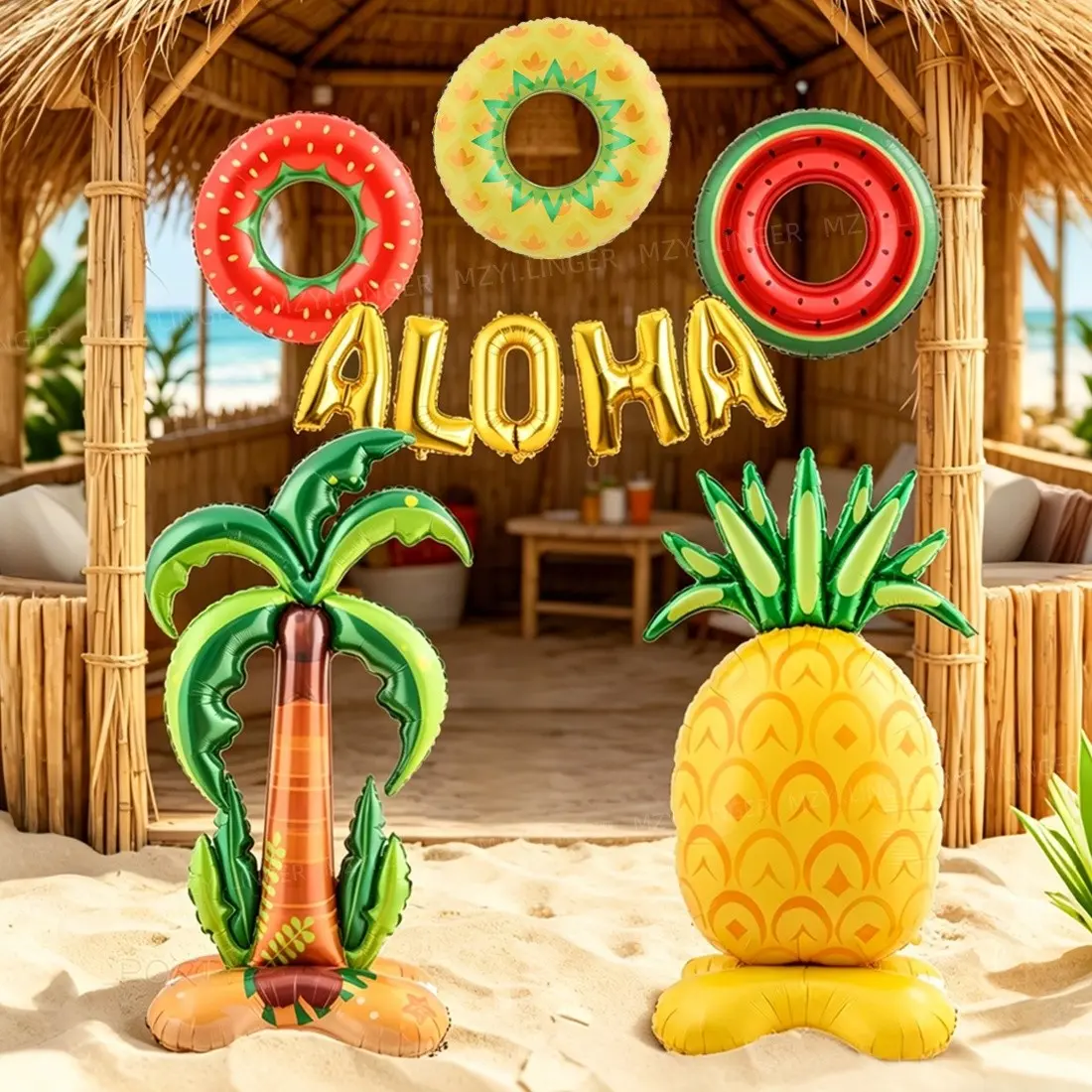 7 Piece Hawaii Party Decor Alhoa Letter Balloons Set, Tropical Pineapple and Palm Tree Balloons, Summer Beach and Pool Party Decoration, Hawaiian Party Balloons Decorations