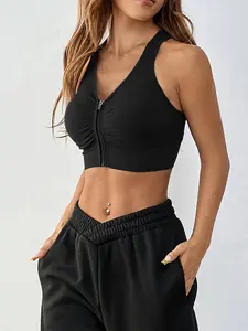 Women's Cut Out Zipper Front Crop, Sport Ruched V Neck Tank Top, Ladies Sportswear Clothing for Indoor Outdoor Wear, Yoga Gym Activewear, Sporty Cami Top