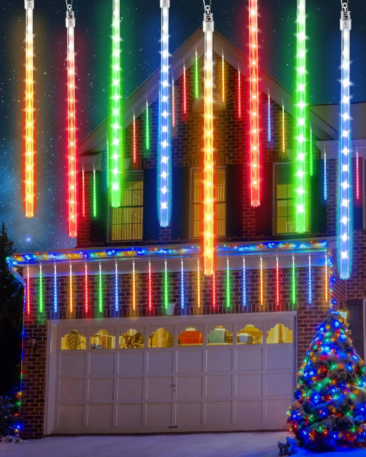 Multicolor 20 Tubes Meteor Shower Icicle Light 480 LED Raindrop Lights with Timer Function Cascading Falling Rain Lights for Holiday Party Christmas Decorations, Tree, Transparent, Cascading Lights