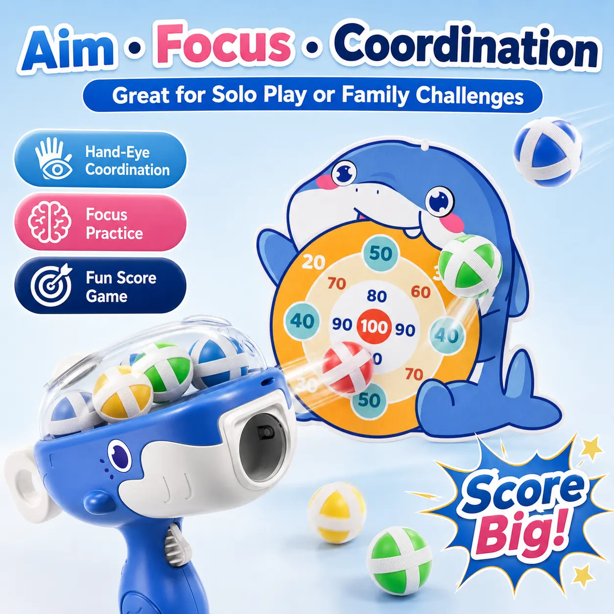 Whale Sticky Ball Launcher Toy with Target Board, 12 Sticky Balls, Indoor Wall Target Game for Kids, Screen-Free Birthday Gift