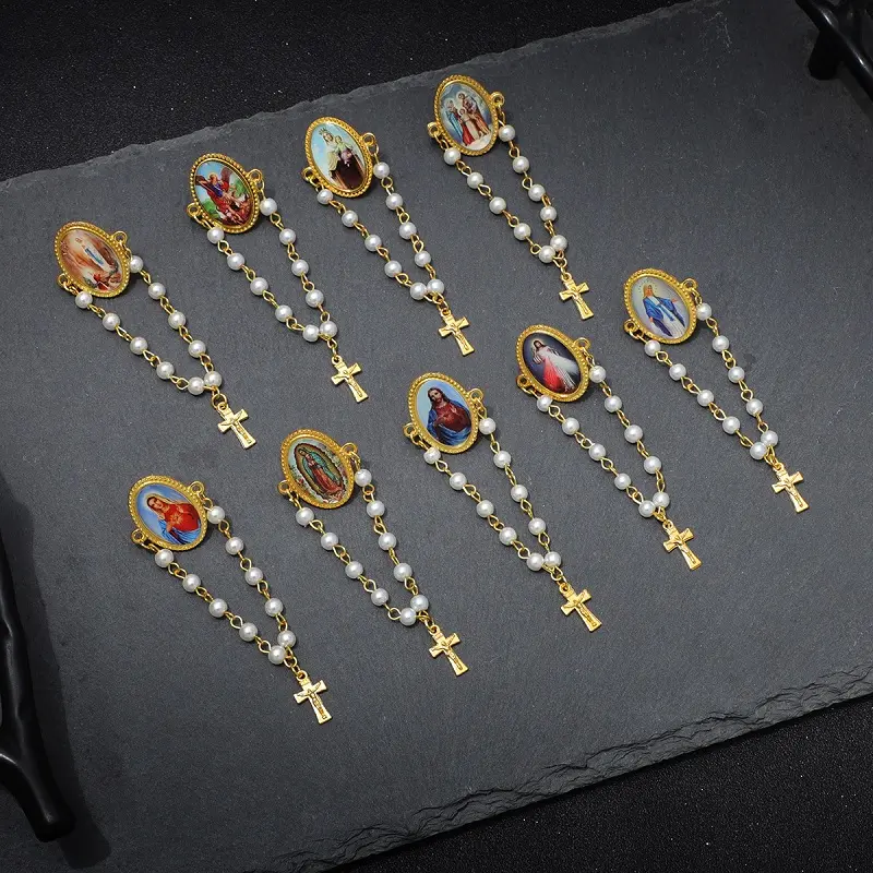 Pearl Chain Decor Hat Pin Charms, Religious Figure & Cross Pendant Hat Chain Brooch, Dainty Alloy Ornament Accessories for Baseball Caps, Fashion Jewelry Gift for Hat Decoration
