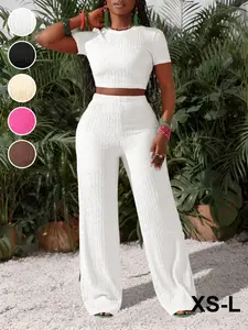 Spring Summer Fashion Minimalist Womenswear Casual Everyday Solid Color Fitted Round Neck Women's Home Set, Comfortable Short Sleeve Top + Long Pants 2 Piece Set Outfit