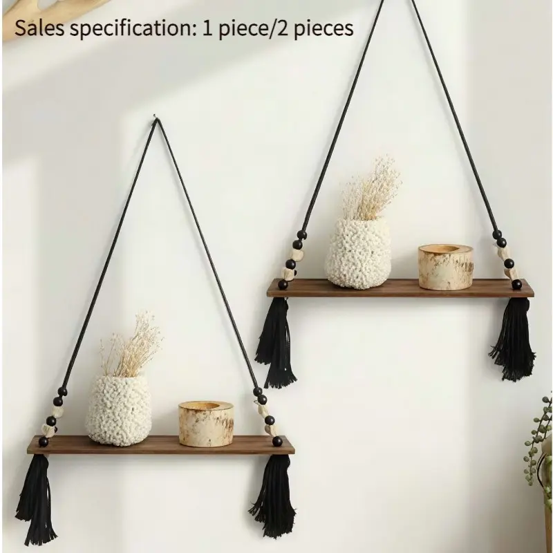 1/2pcs Boho Style Decorative Wooden Wall Shelf with Beads, Rustic Floating Storage Rack Organizer, Vintage Bedroom Living Room Room Decor Hanging Plant Stand