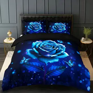 3pc Blue Rose Butterfly Floral Bedding Set (1 Fitted Sheet + 2 Pillowcases), High Definition Print, Home Dormitory Use, No Padding