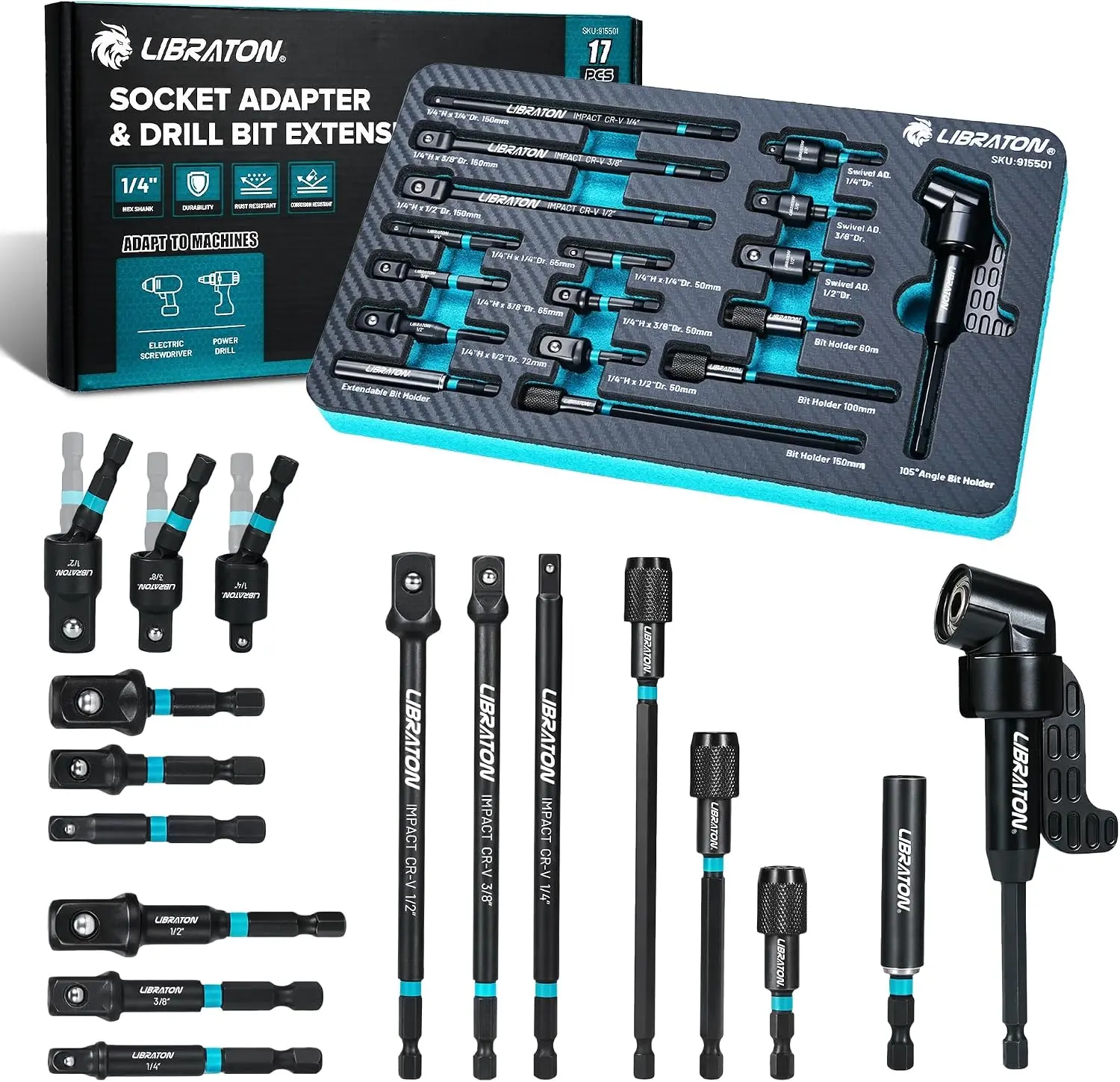 17PCS Adapter Set, 1/4 3/8 1/2 Square Drive| Adapter, Bit Extension, Swivel Joint, Quick Release Bit Holder for Driver Ratchet Wrench
