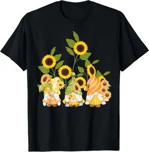 100% Cotton Sunflower Gnomes Women's Fall Decor Tee Gnomes Gifts T-Shirt Everyday Graphic