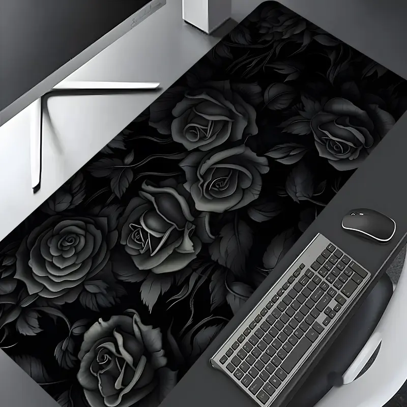 Rose Gothic Design Large Gaming Mouse Pad, Dark Floral Desktop Drotection Pad, Desktop Accessory, Gaming Room Accessories, Washable Rubber Pad Non-Slip Lock Edge Multi-Size Mouse Pad for Home Office, Gift for Family and Friends, Gaming Mousepad, Black