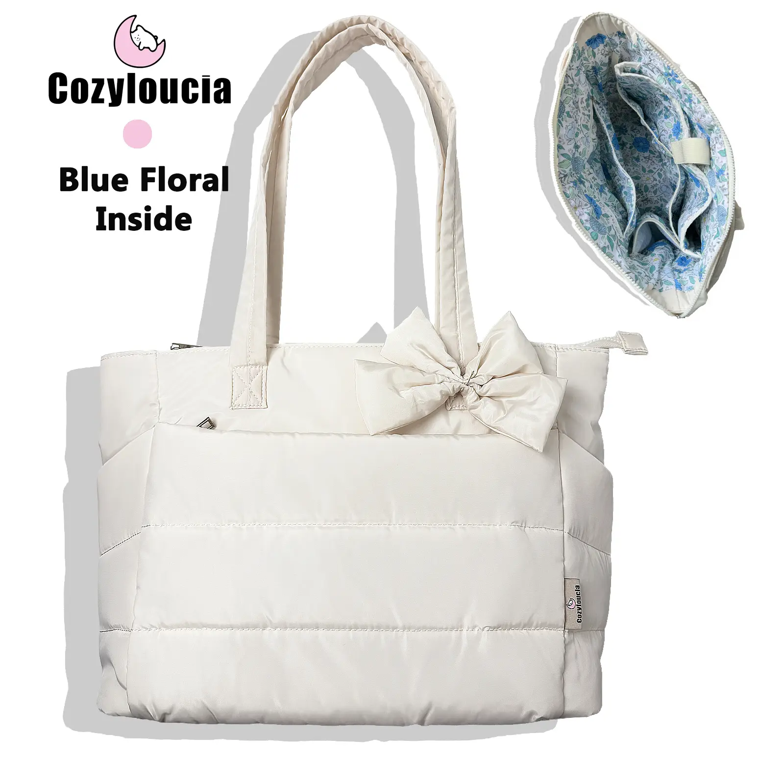 D- Beige - Blue Floral -Bow