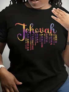Women's Christian Faith Bible Verse T-Shirt- Multicolor Hebrew and English Letters, Name of Jesus in Hebrew(Yeshua, Jehovah, Immanuel)- Casual Crew Neck Short Sleeve Top Suitable for Church Activities and Daily Wear- Machine Washable Christian Cl