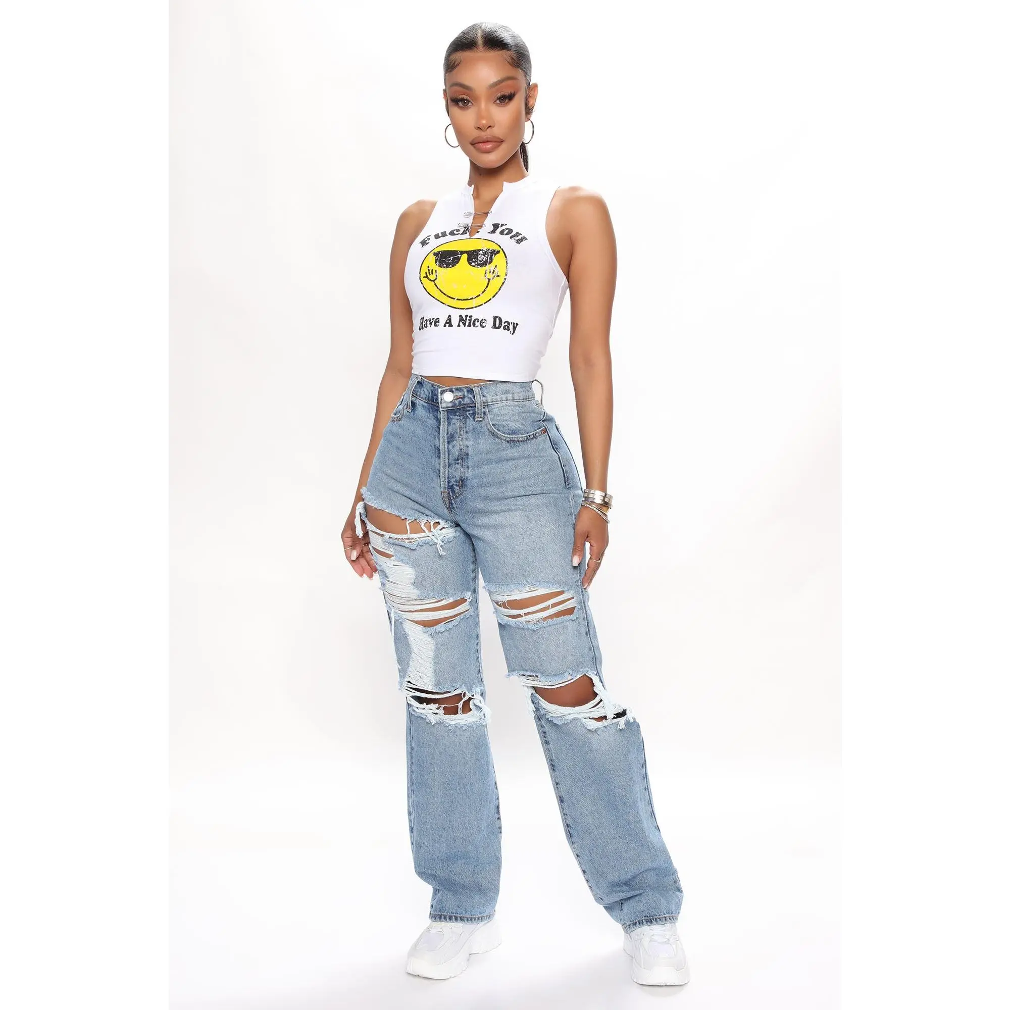 Seeking Thrills Shredded Straight Leg Jeans - Medium Wash