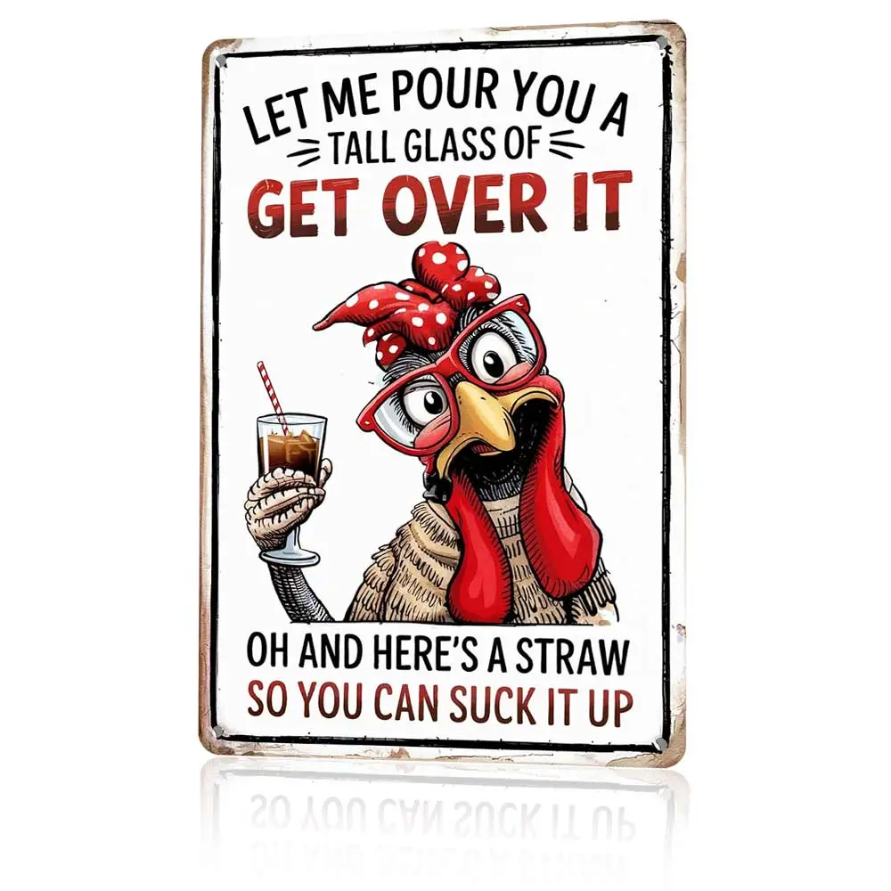 12x8 in Rectangular Industrial Aluminum Metal Sign - Playful Funny "Let Me Pour You A Tall Glass Of Get Over It" Retro Cartoon Plaque, Sun Protection Outdoor Farmhouse Wall Decor for Farm, Gift-Worthy Home Supply