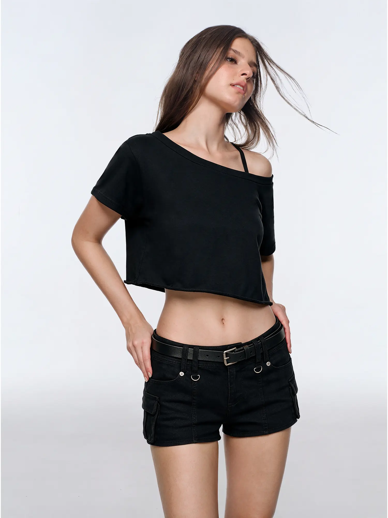 FDR Women’s Solid Color One Shoulder Cropped T-Shirt, Slim Fit Short Sleeve Crewneck Top with Asymmetric Shoulder Design for Y2K Casual Style