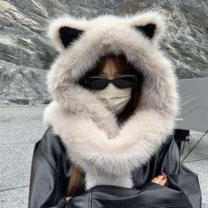 1 Piece Soft Polyester Faux Fur Cat Ear Hat with Integrated Scarf, Unisex Winter Warmth, Fashionable Universal Style, Lightweight, Knitted, Snap Closure, Suitable for Bachelorette Party