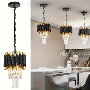 A modern crystal pendant light, mini black gold pendant light, 2-layer circular crystal light, semi embedded gold light fixture suitable for restaurant, kitchen island, bedroom, laundry room entrance, E27x1pc base (excluding light bulb)