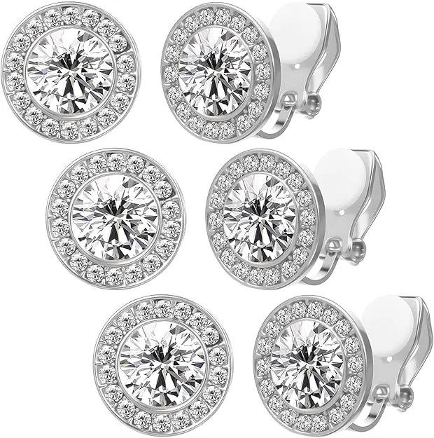 Women's Elegant Non-Natural Crystal Rhinestone Earrings - 3 Pairs Silver Round Acrylic Stone Halo Clip-On Studs for Dance Competitions, Wedding Events, Elegant Earrings, Earring For Women