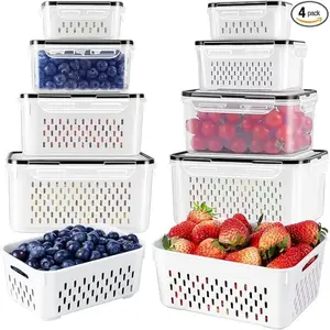 4-Piece Refrigerator Fruit Storage Box Set, Detachable Filter, Sealed Lid, Vegetable Organizer, Leak-Proof Design, Dishwasher Safe