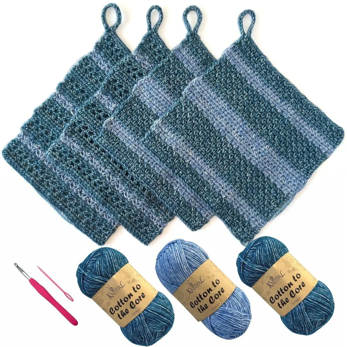 Everyday Joy Crochet Kit for Confident Beginners – Make 4 Reusable 7.5 x 7.5 in Dishcloths – with Cotton to The Core Yarn (#3 DK), Hook, Patterns & Video Tutorials (Jean Blue + Sky Blue)