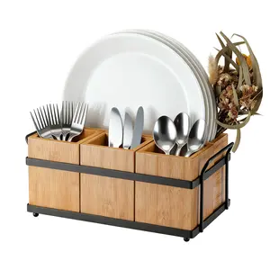 4-In-1 Bamboo Utensil Caddy with removable divider, built with iron frame and wooden tubs. Portable multi-use organizer stores cutlery, napkins and plates, ideal for kitchen, dining, BBQ, picnic and camping storage needs.