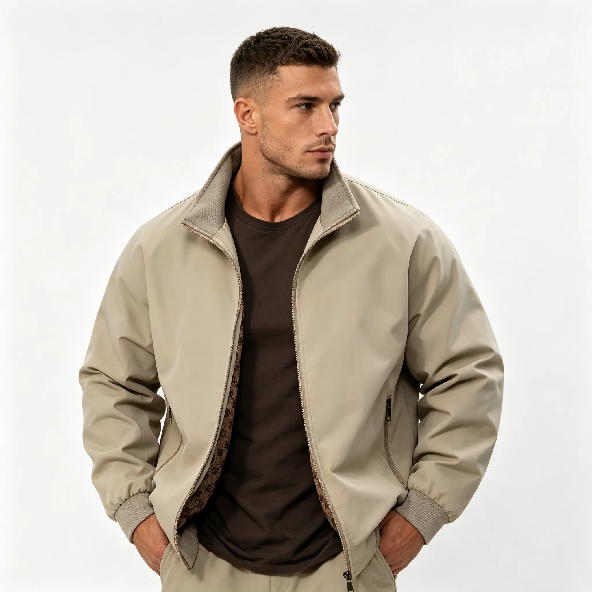 Men’s spring/autumn jacket with stand collar, all-over jacquard print lining, windproof baseball collar; suitable for commuting, business casual; loose fit, versatile, available in three colors; trendy outerwear top.