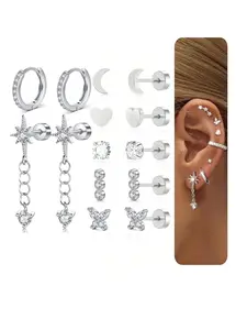 14pcs 16 Gauge Cartilage Earrings Set, Elegant Stainless Steel Helix Piercing Jewelry, Leaf Butterfly Heart Cz Studs for All Seasons, Heart Design Chain
