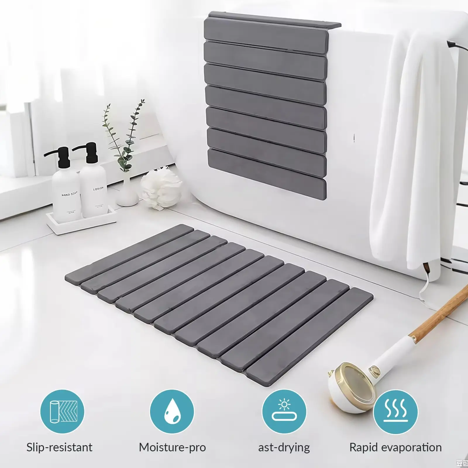 Diatomite Stone Bath Mat - 1-Piece Rectangle Compact Non-Slip Quick-Drying Water-Absorbent Slatted Hard Surface Mat, Folding Floor Pad for Bathroom Entrance & Shower Floor, 23.6x15.5" Bathroom Decor