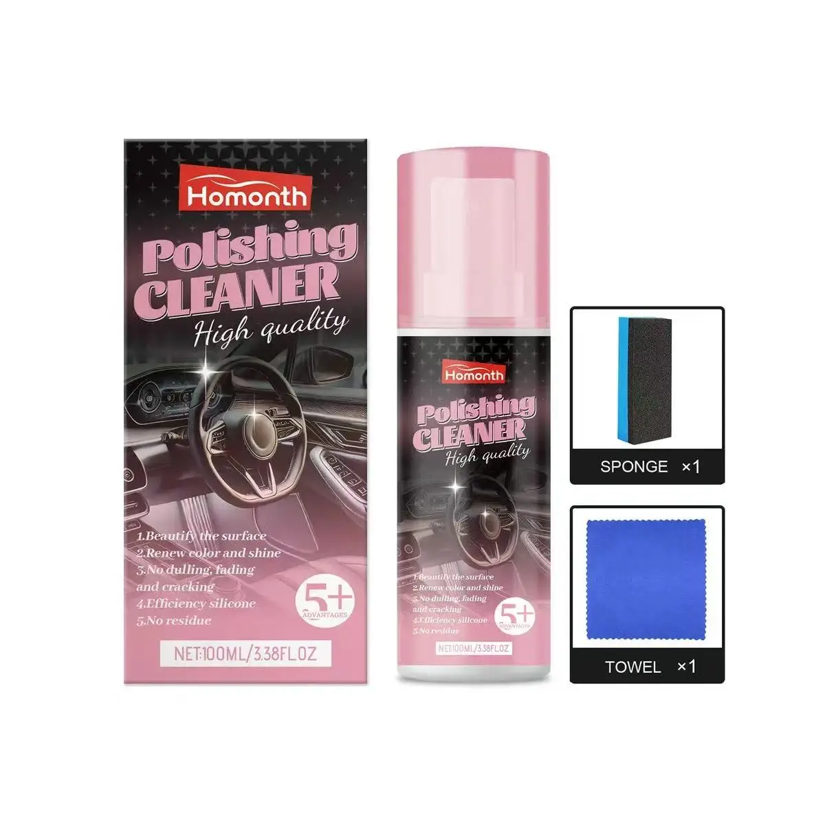 Homonth Car Interior Refreshener, Gentle Leather Care & Cleaning Agent, Dashboard Leather Cleaner, Polishing Solution for Auto Interiors, Effective Stain Removal, Car Detailing Products, Automobile Cleaner