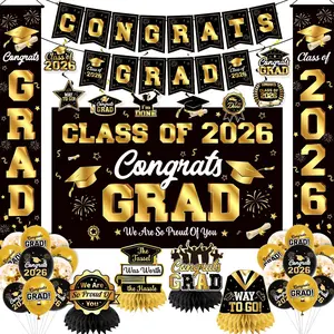Graduation Decorations 2026 Black and Gold Party Decor Set includes Congrats Grad Banner Graduation Backdrop Class of 2026 Balloons Party Supplies