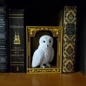 3D Printed Snowy Owl Book Nook - 2 Options with Gold Trim and Black Decorative Book Design