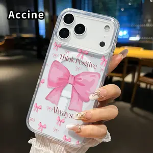 Clear Magnetic Case for iPhone 17 16  Pro Max Plus 15 14 13 12 11 Air E Pink Bow Positivity  Pattern Acrylic Hard Back Soft Silicone Edge Bumper Sockproof Cover