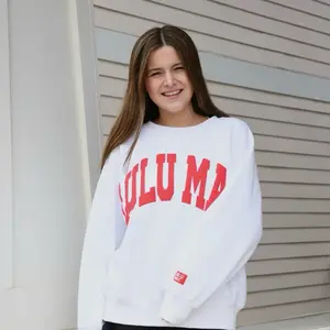 Women’s Lulu Mac White Sweatshirt With Red Puff Lettering Womenswear Long Sleeve Tops Pullover Casual Crewneck Everyday Soft Cotton
