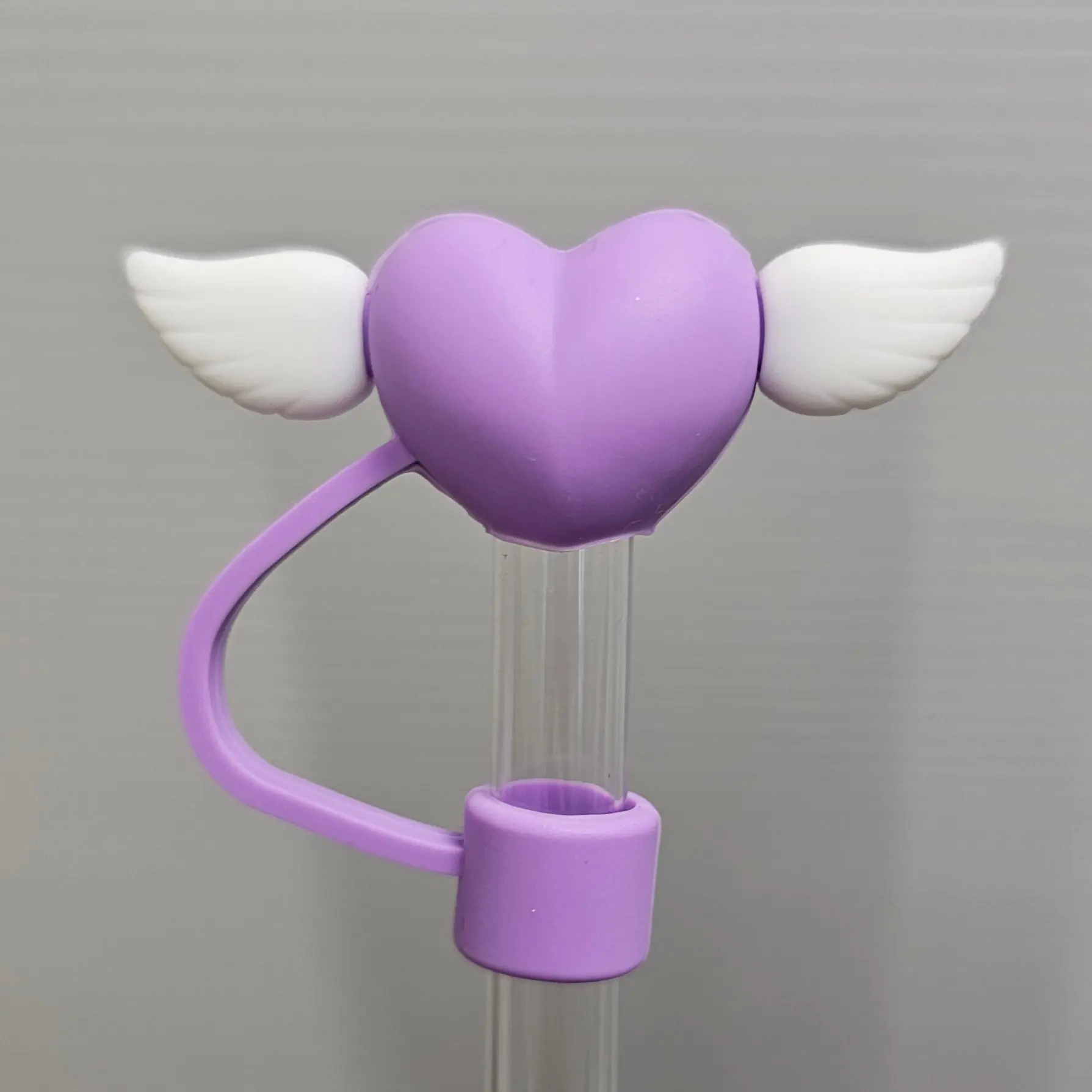 Valentine's Day Silicone Straw Topper  - Purple Heart with Angel Wings