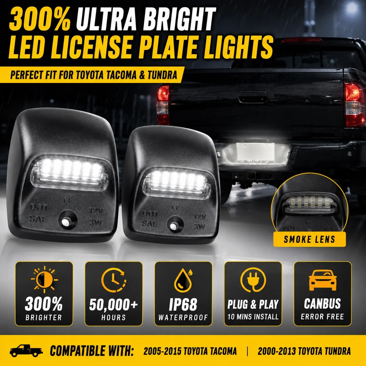 💡🚗2PCS LED License Plate Lights for Toyota Tacoma 2005-2015 & Tundra 2000-2013, 6000K White Tag Lamp Assembly, Smoke Lens, Canbus Error Free, IP68 Waterproof, Plug & Play Replacement